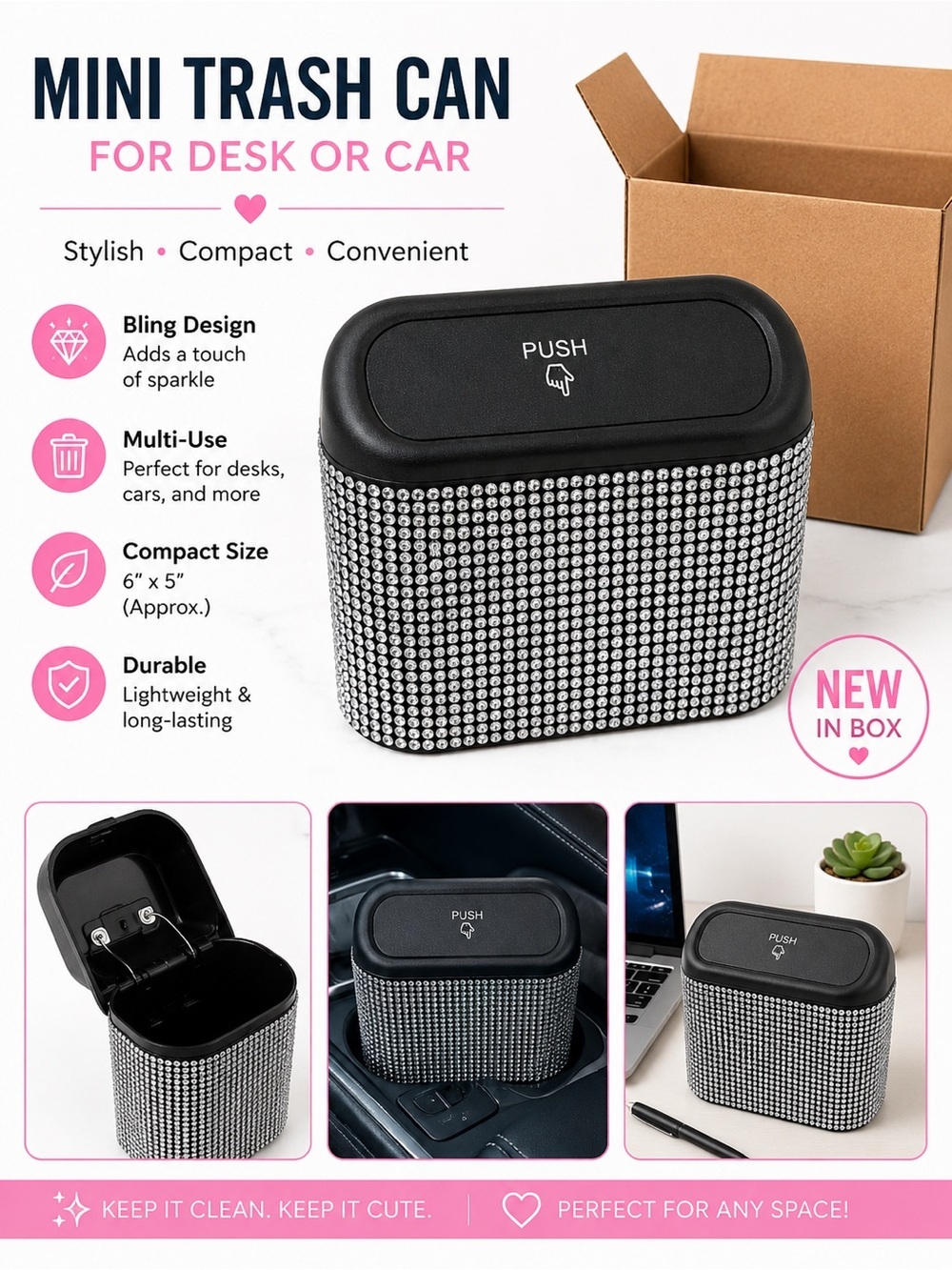 Sparkle Push-Top Trash Can - Silver Mini trash can for desk or car 6”x5”